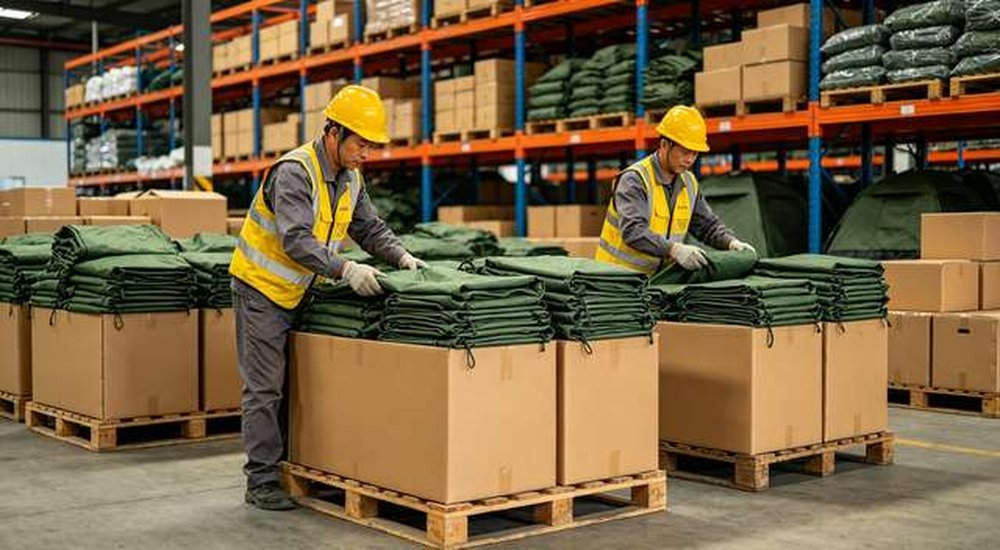 Asian Chinese warehouse workers packing folded emergency tents into carton boxes, professional OEM packaging process, professional product photography, blue sky background