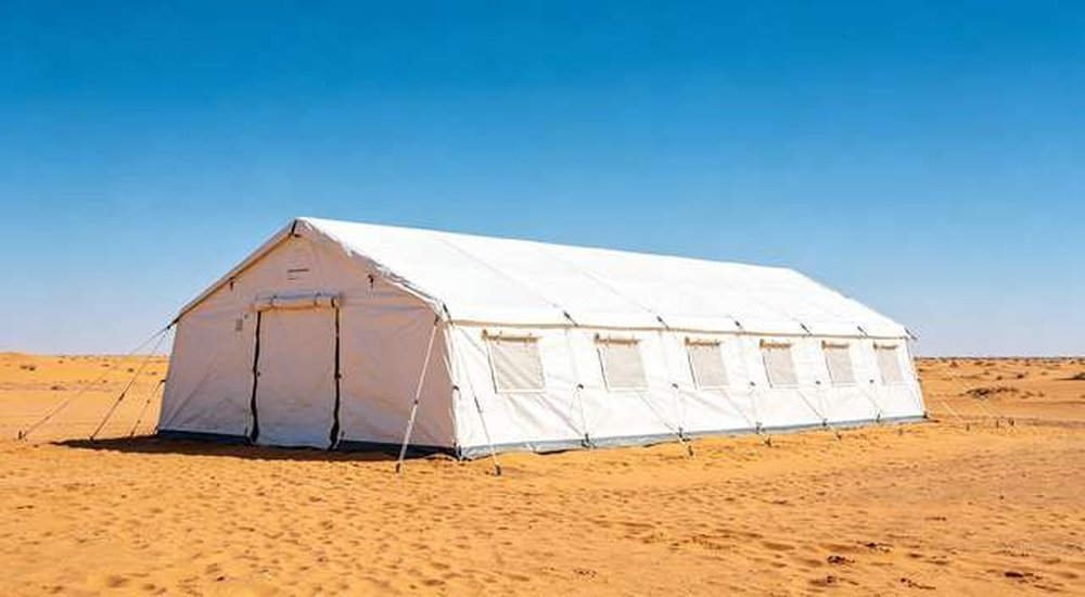 White emergency tent in desert sandy environment with bright blue sky, custom OEM climate adapted shelters for hot weather, professional product photography