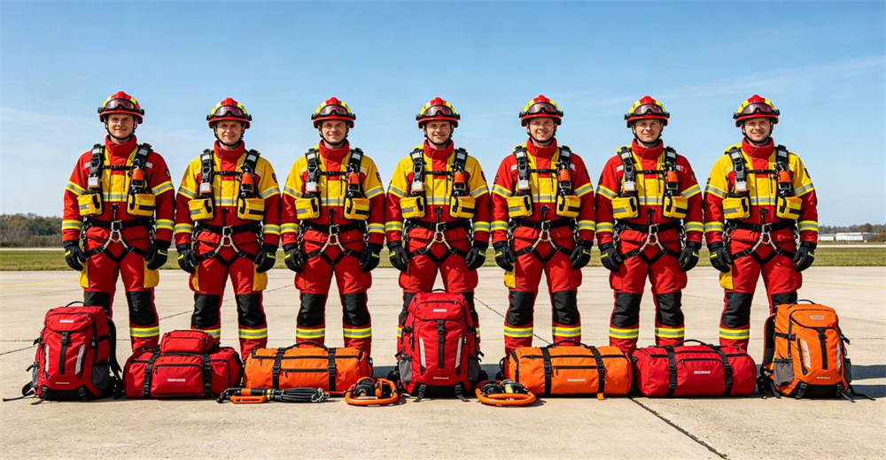 Front view team of eight rescue workers in red and yellow turnout gear with helmets standing in formation with red and orange emergency backpacks on ground