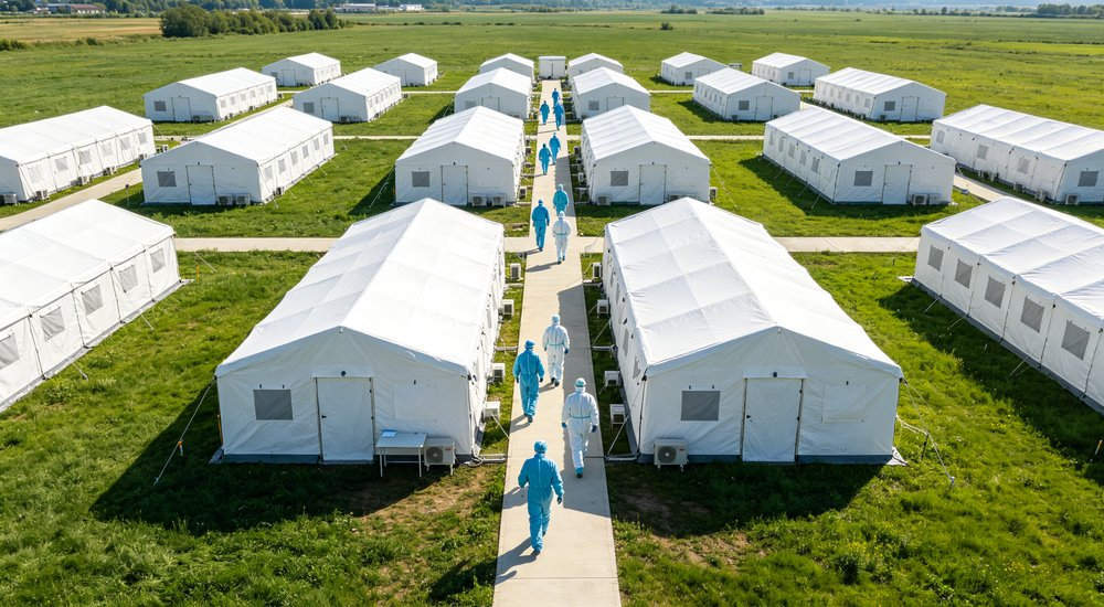 Large scale isolation camp with multiple inflatable tents, aerial view, green grass, blue sky red and white inflatable emergency shelter for disaster relief operations