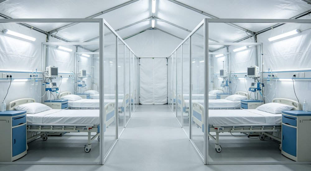 Isolation beds inside inflatable isolation tent, patient care area, bright lighting red and white inflatable emergency shelter for disaster relief operations