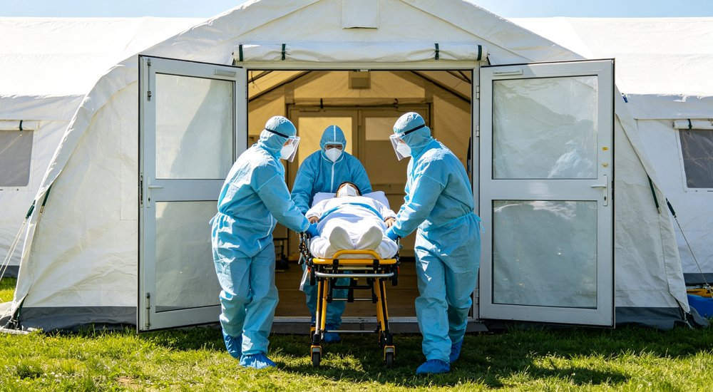 PPE transfer through anteroom of inflatable isolation tent, medical workers in protective gear red and white inflatable emergency shelter for disaster relief operations