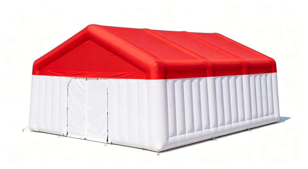 Front view of modular inflatable tent system on white background, red and white, product photography red and white inflatable emergency shelter for disaster relief operations
