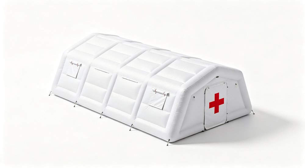 45 degree view of inflatable medical tent on white background, red and white, product photography red and white inflatable emergency shelter for disaster relief operations