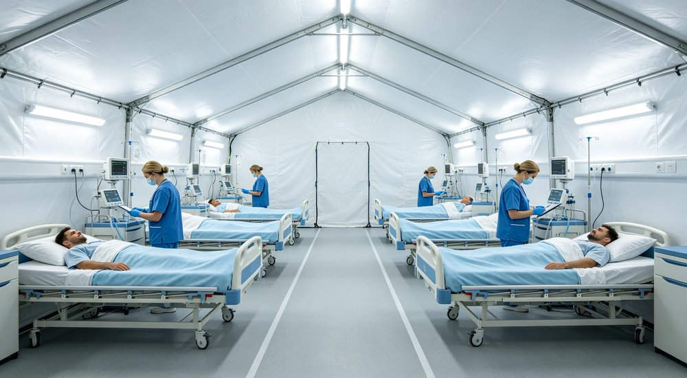 Interior layout of inflatable medical tent showing function zones and patient areas, bright lighting red and white inflatable emergency shelter for disaster relief operations
