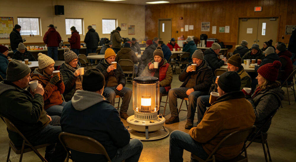 Interior of a community warming center with families sitting around portable heaters drinking hot drinks