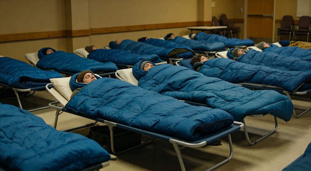 Blue winter sleeping bags laid out on cots in a community shelter, people resting inside them