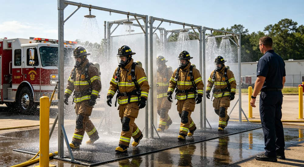 Firefighter decontamination drill with inflatable decon tent, firefighters in gear, green grass red and white inflatable emergency shelter for disaster relief operations