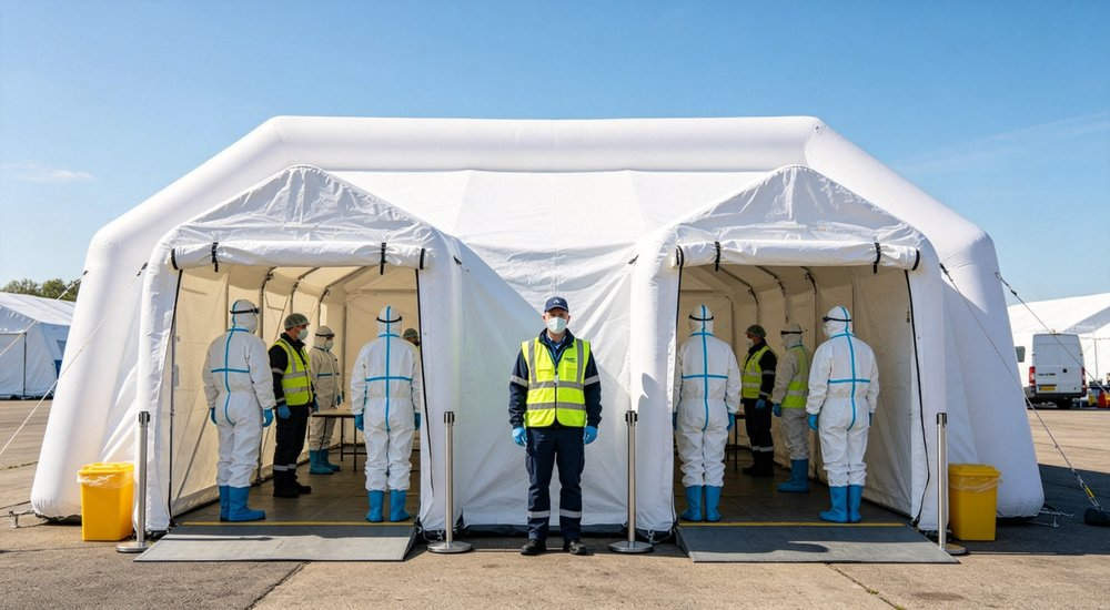 Dual lane decon tent staff configuration showing more workers for higher throughput red and white inflatable emergency shelter for disaster relief operations