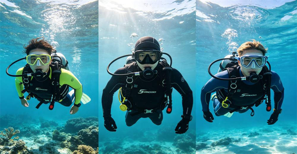 Three divers in different neoprene wetsuit thicknesses underwater demonstrating 3mm, 5mm, and 7mm options for various water temperatures. designed for recreational and professional diving in various water temperatures Three divers in different neoprene wetsuit thicknesses underwater demonstrating 3mm, 5mm, and 7mm options for various water temperatures. designed for recreational and professional diving in various water temperatures