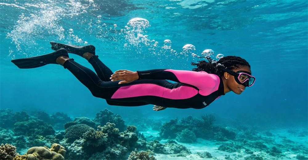Female diver in 3mm pink and black neoprene wetsuit swimming near coral reef in tropical clear water recreational diving. designed for recreational and professional diving in various water temperatures Female diver in 3mm pink and black neoprene wetsuit swimming near coral reef in tropical clear water recreational diving. designed for recreational and professional diving in various water temperatures