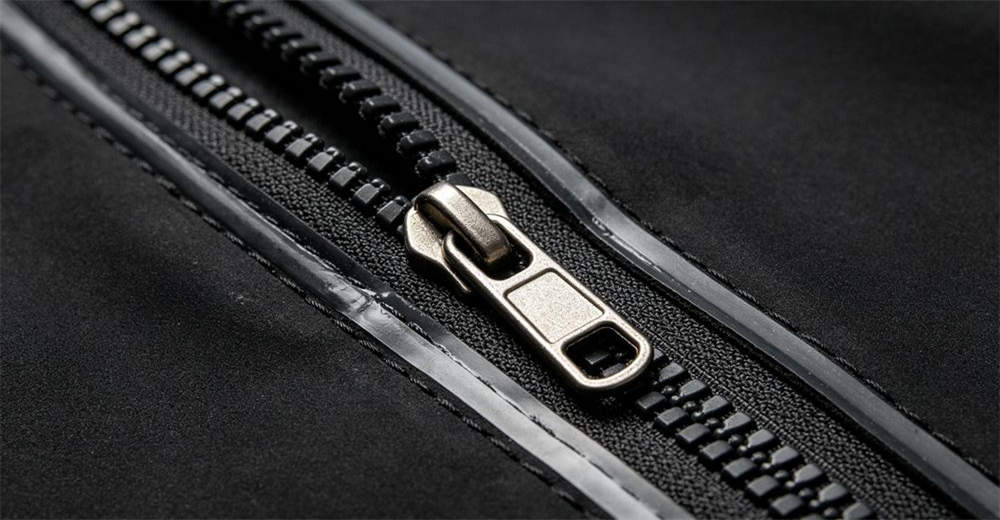 Close-up of waterproof zipper on dry suit showing metal teeth, rubberized coating, and sealed track for reliable underwater waterproofing. critical waterproof components ensuring dry suit reliability in demanding conditions Close-up of waterproof zipper on dry suit showing metal teeth, rubberized coating, and sealed track for reliable underwater waterproofing. critical waterproof components ensuring dry suit reliability in demanding conditions