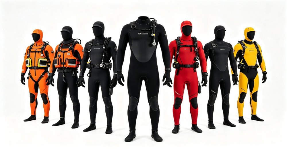 Full product family collection of dry suits and neoprene wetsuits including rescue, diving, and commercial models arranged for display. with detailed specifications for wholesale bulk order and custom OEM supply Full product family collection of dry suits and neoprene wetsuits including rescue, diving, and commercial models arranged for display. with detailed specifications for wholesale bulk order and custom OEM supply