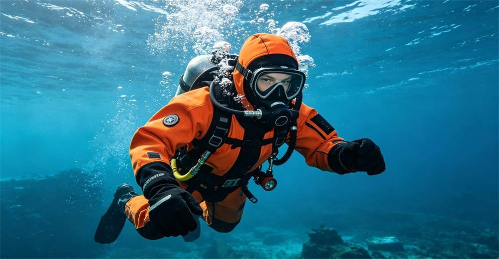 Diver in 7mm neoprene wetsuit performing underwater work in cold water demonstrating thermal protection and mobility for professional use. designed for recreational and professional diving in various water temperatures Diver in 7mm neoprene wetsuit performing underwater work in cold water demonstrating thermal protection and mobility for professional use. designed for recreational and professional diving in various water temperatures