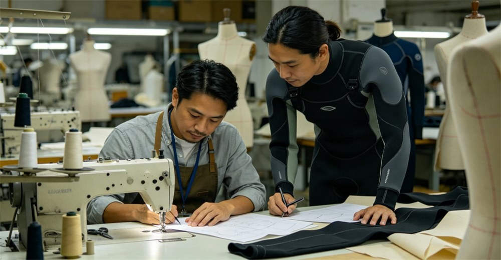 Custom dry suit prototype sample in development with designer reviewing pattern, material, and construction before bulk production. supporting OEM and ODM requirements for brand owners and wholesale distributors Custom dry suit prototype sample in development with designer reviewing pattern, material, and construction before bulk production. supporting OEM and ODM requirements for brand owners and wholesale distributors