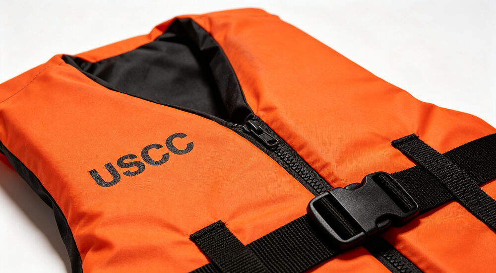 Close up of orange USCG approved personal flotation device for flood rescue operations