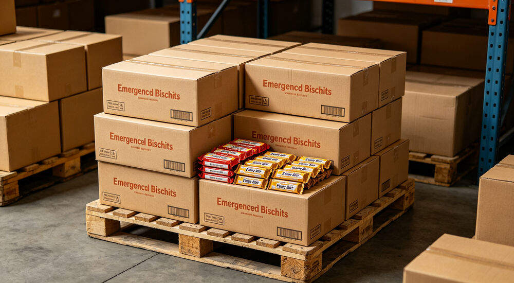 Cardboard boxes of emergency compressed biscuits and energy bars on warehouse pallet