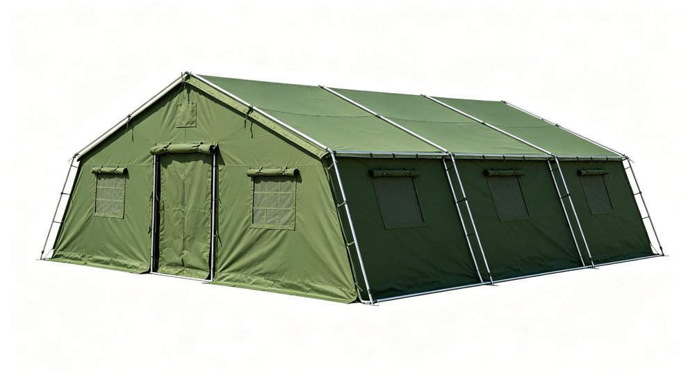 Front view of frame emergency tent on white background, large institutional tent, product photography red and white inflatable emergency shelter for disaster relief operations
