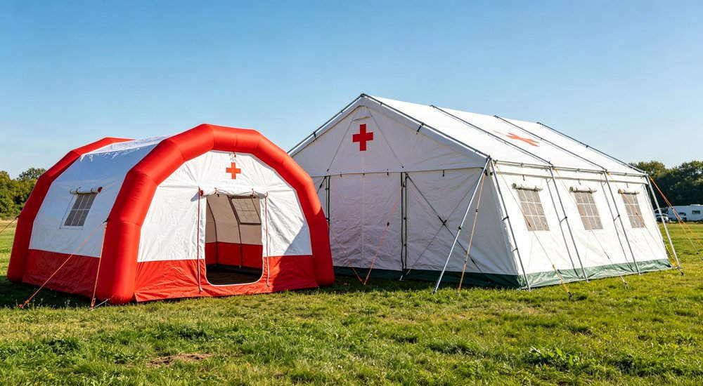 Comparison table of inflatable vs frame tent across 9 criteria, product comparison layout red and white inflatable emergency shelter for disaster relief operations