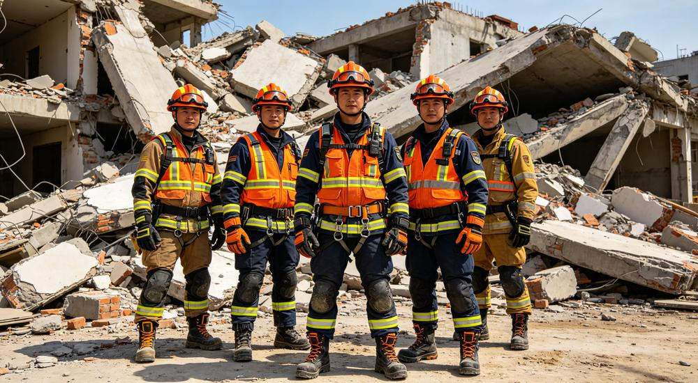 Group photo of rescue team in full PPE, professional earthquake emergency kit equipment used by relief organizations during bulk sourcing for disaster response
