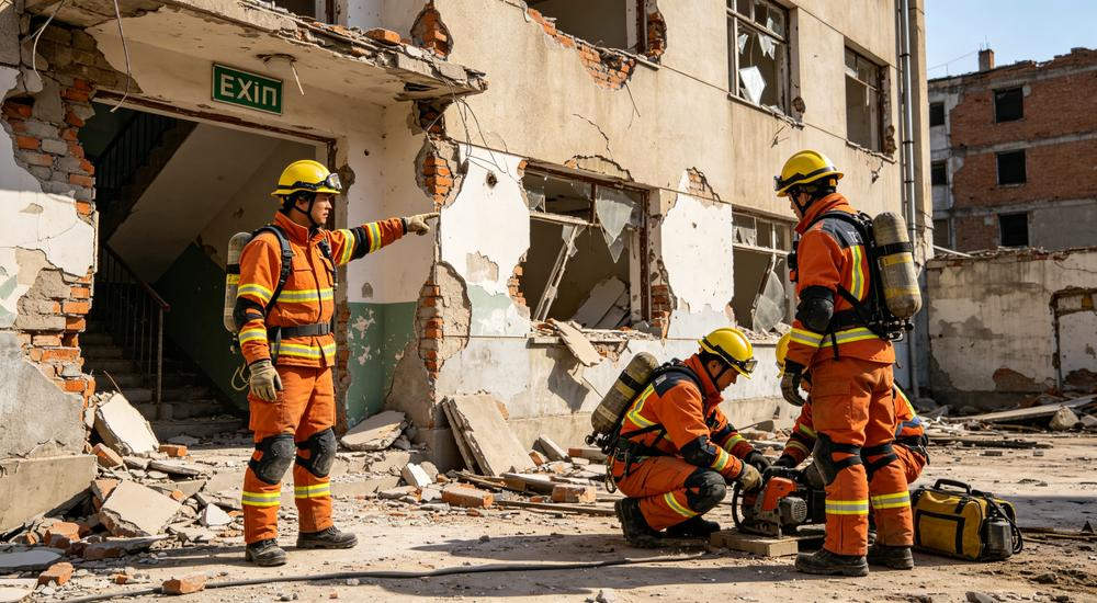 Rescue workers practicing aftershock safety, proper PPE and earthquake emergency kit keep teams safe during extended disaster response missions