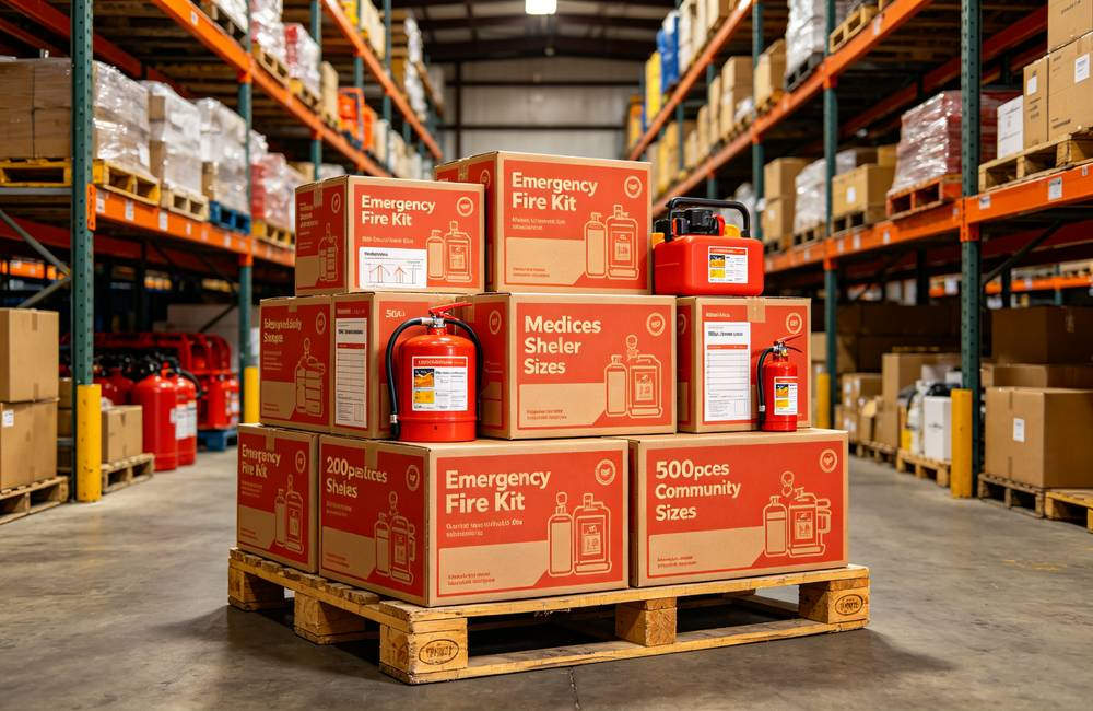 Warehouse pallet stacked with three sizes of home fire emergency kits ready for wholesale shipment to NGOs and relief organizations today