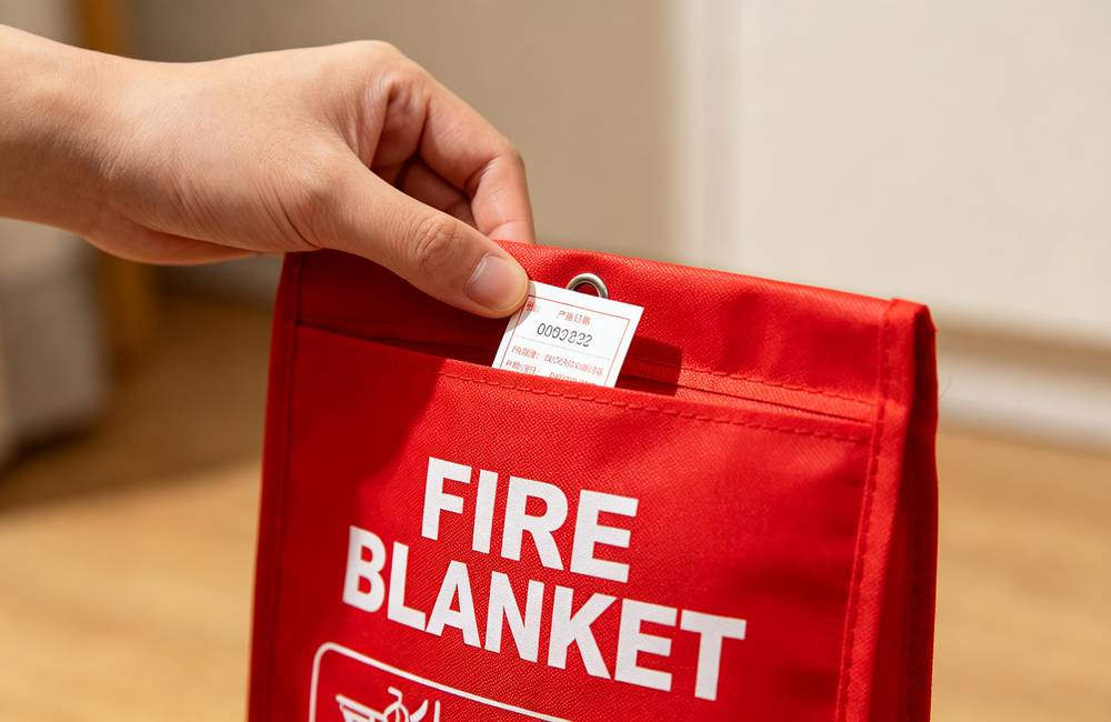 Close up of English FIRE BLANKET label on storage pouch showing CE EN1869 certification details for bulk fire blanket orders today