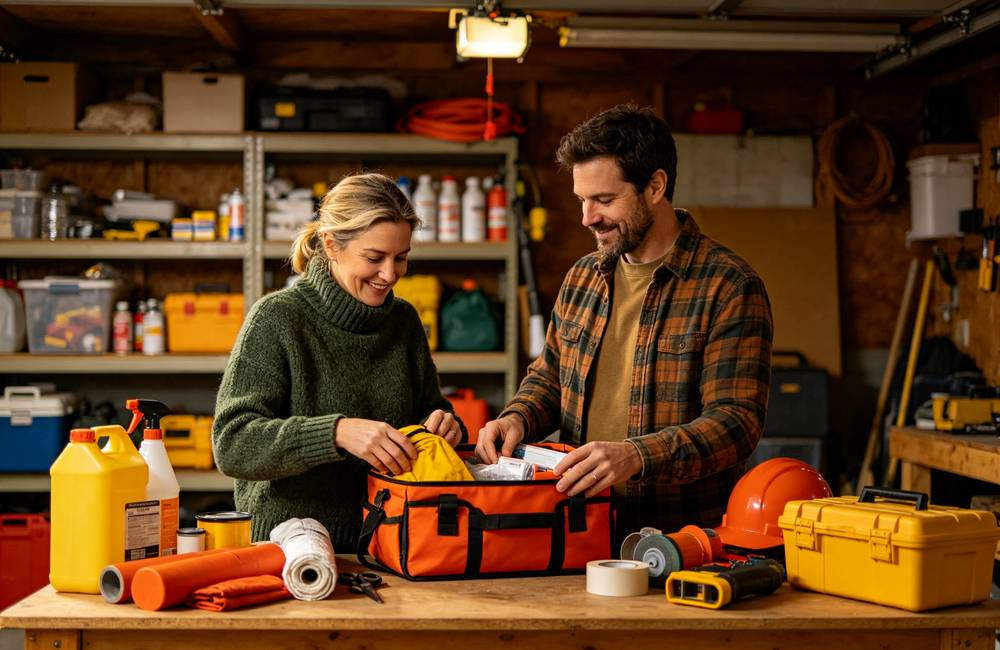 Family preparing home fire emergency kit together in garage for residential fire safety readiness and home fire prevention today