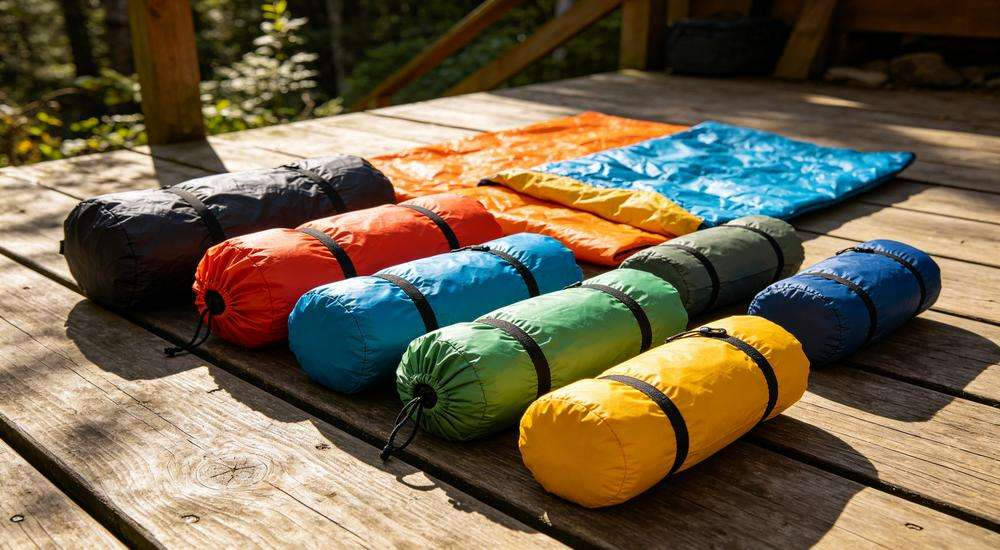 Wide angle view of factory audit and supplier screening, inspector checking sleeping bag production facility, professional industrial photography