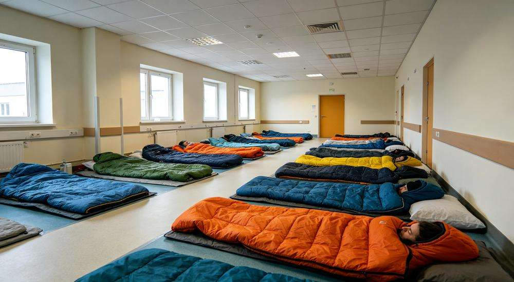 Wide angle view of hospital temporary rest area with sleeping bags for patients and staff, medical facility emergency accommodation