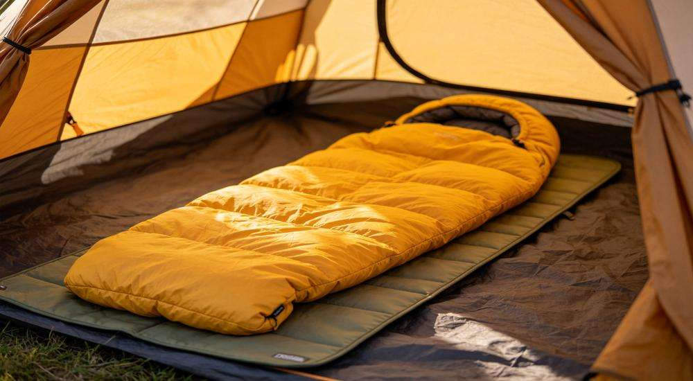 Wide angle view of person resting comfortably in sleeping bag, cozy interior view, comfort demonstration, tent setting