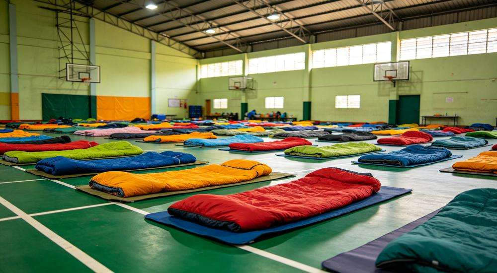 Wide angle view of Southeast Asian emergency shelter with colorful sleeping bags arranged in gymnasium, disaster relief accommodation, bright indoor