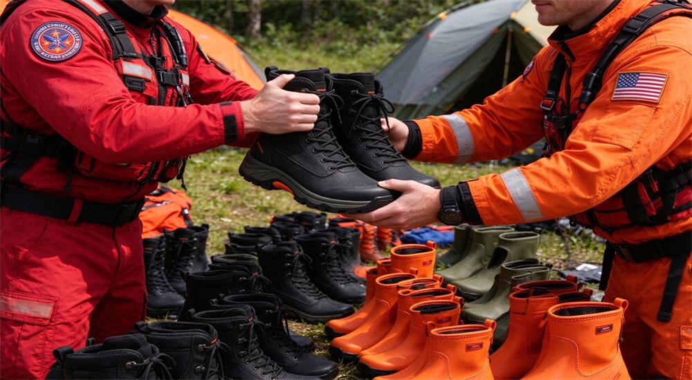 Rescue boots being distributed to a field rescue team, handover of new neoprene flood response boots, wholesale supplier China bulk supply program Rescue boots being distributed to a field rescue team, handover of new neoprene flood response boots, wholesale supplier China bulk supply program