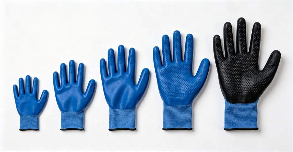Anti-slip nitrile gloves size comparison S M L XL fit safety gloves wholesale bulk supplier China