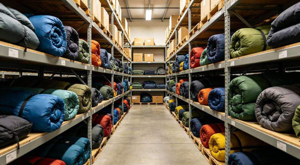 Wide angle view of organized warehouse storage room with sleeping bags stacked on metal shelves inventory