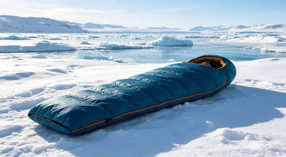 Wide angle view of cold climate sleeping bag with snow and ice background winter temperature rating