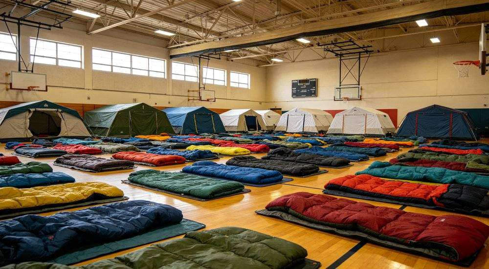 Wide angle view of bulk sleeping bag allocation indoor gymnasium vs outdoor tent deployment strategy