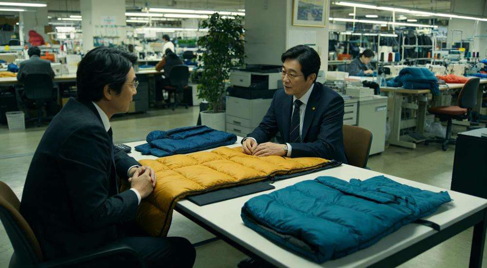 Wide angle view of business meeting buyer supplier discussing sleeping bag samples factory