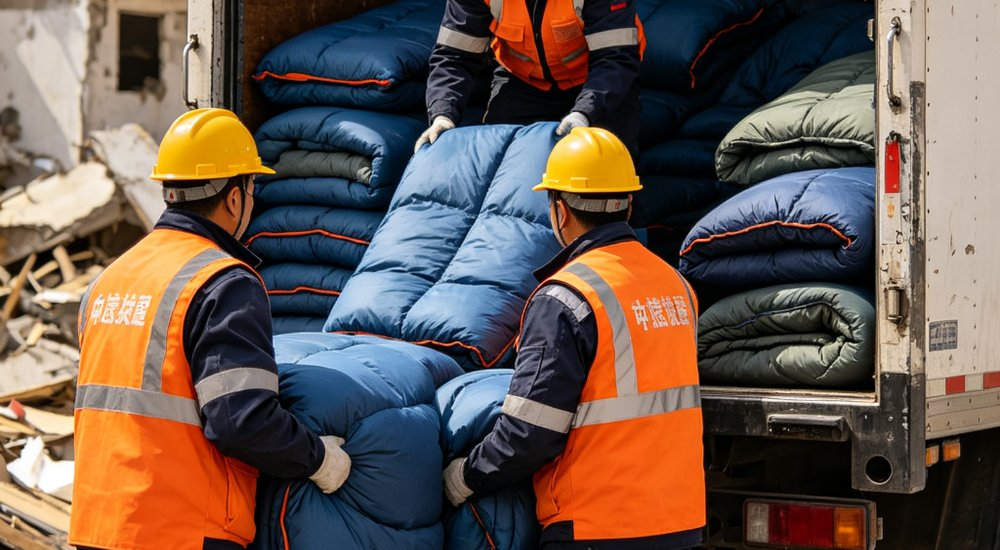 Action shot of emergency response team in orange vests unloading sleeping bags from delivery truck at disaster site for rapid humanitarian distribution and emergency shelter setup
