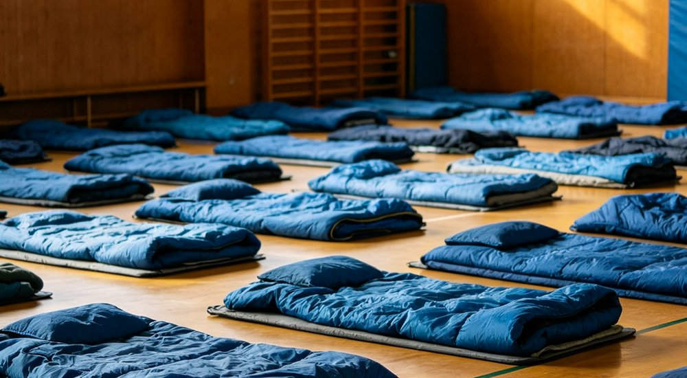 Wide interior view of school gymnasium converted to emergency shelter with rows of blue sleeping bags arranged neatly on floor for displaced people during natural disaster evacuation