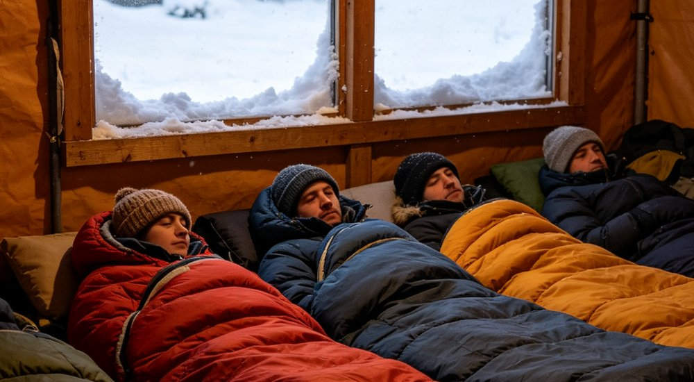 Interior view of winter emergency shelter with thick insulated sleeping bags and warm overhead lighting while snow is visible outside frosted windows for cold weather disaster response