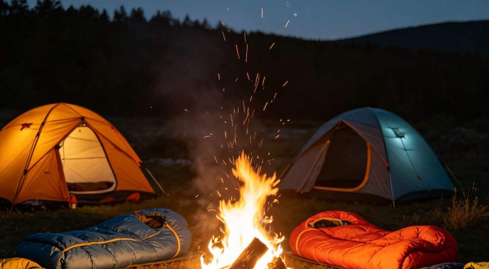 Wide angle night scene of campfire with camping sleeping bags arranged around warm glowing fire under starry sky with milky way visible for outdoor recreational camping experience
