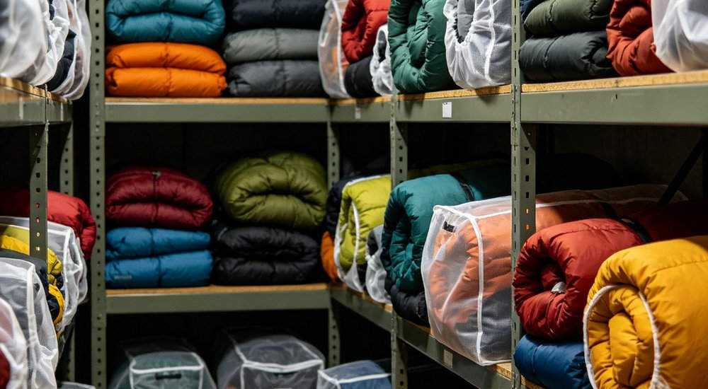 Interior view of sleeping bag storage room with metal shelves holding neatly folded sleeping bags in breathable storage bags organized for inventory management and long term preservation