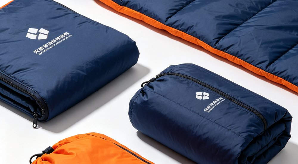 Professional studio product shot of disaster relief sleeping bag in navy blue and orange colors displayed on clean white background with soft lighting for commercial product photography Professional studio product shot of disaster relief sleeping bag in navy blue and orange colors displayed on clean white background with soft lighting for commercial product photography