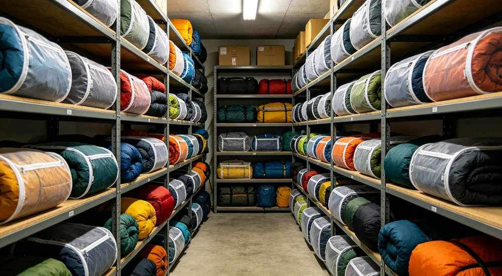 Sleeping bag storage room with shelves of neatly folded breathable bags in navy blue for institutional inventory management and long term storage documentation professional