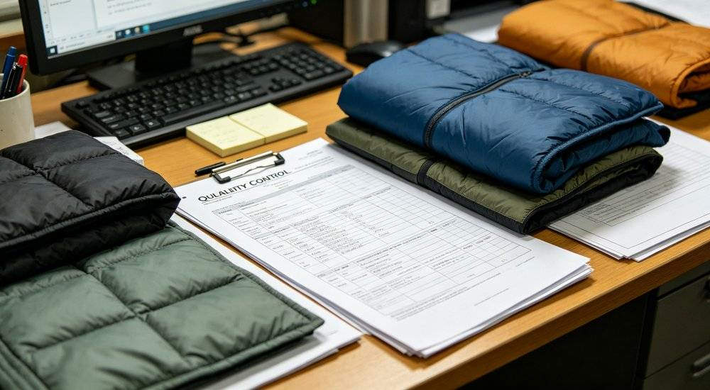 Quality control documents with sleeping bag samples on factory office desk for wholesale procurement compliance review and quality assurance process documentation professional