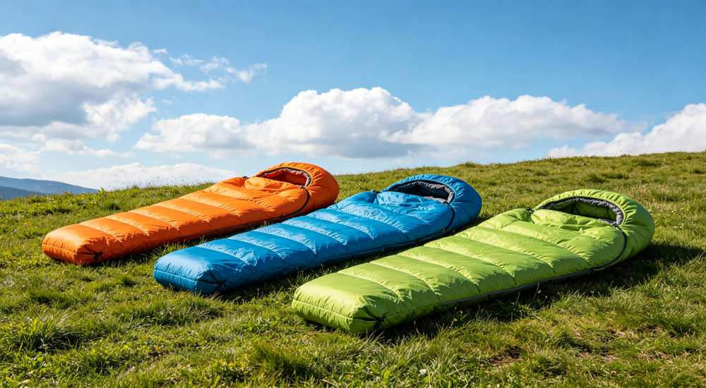 Wide angle outdoor scene blue sky green grass - multiple colorful bulk sleeping bags laid flat in a row, wholesale emergency sleeping bag collection showing different colors and sizes, natural daylight realistic product photography