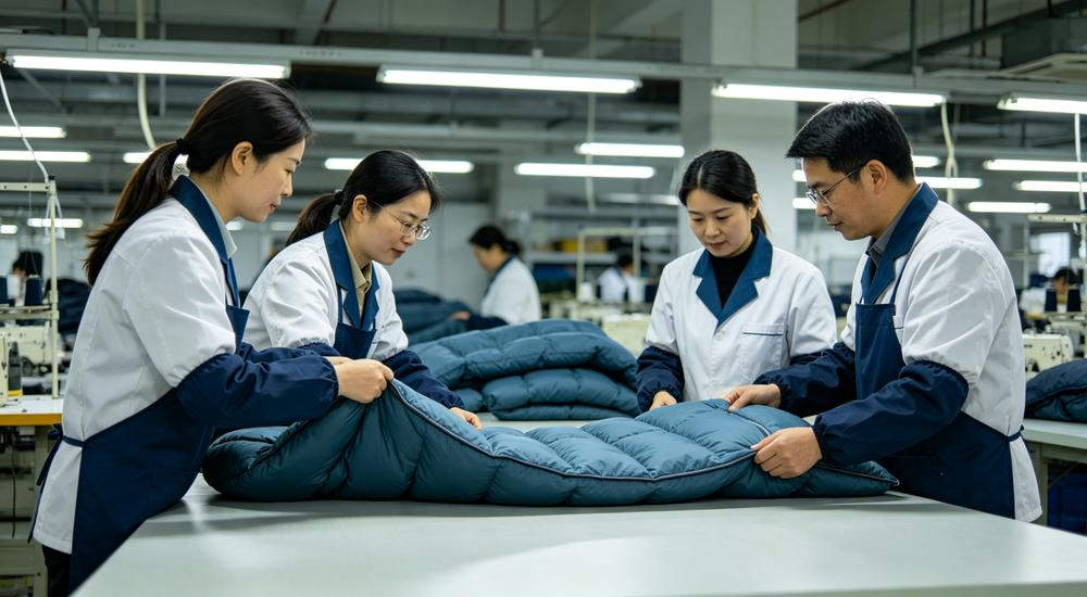 Wide angle loading dock scene - 40HQ shipping container being loaded with wholesale sleeping bags stacked on pallets, bulk order logistics, bright daylight warehouse shipping scene