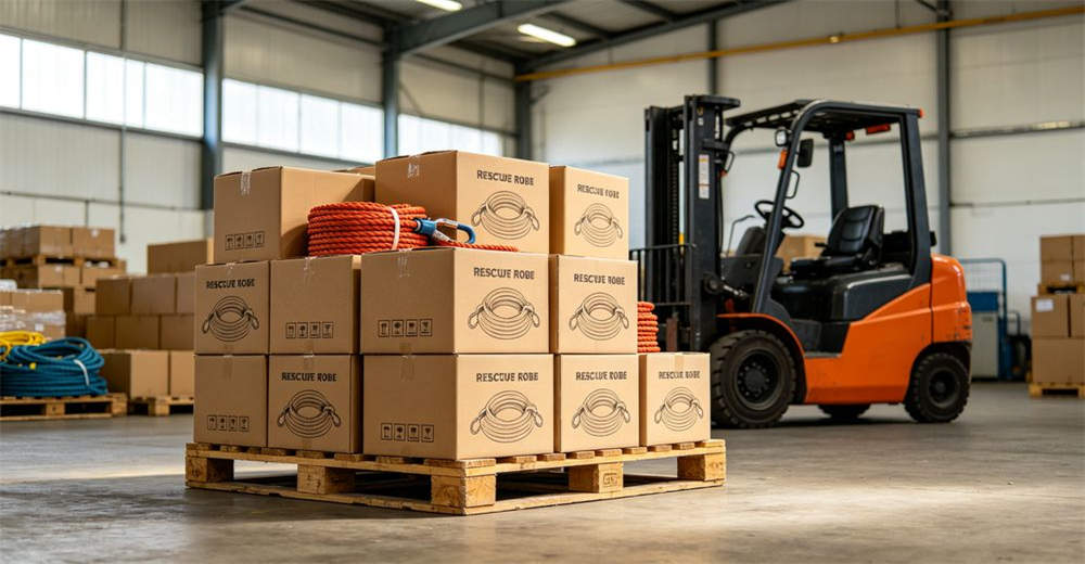 Wide warehouse shot of wholesale rescue rope bulk order cardboard boxes stacked on wooden pallets ready for shipment for wholesale supply chain and bulk order fulfillment Wide warehouse shot of wholesale rescue rope bulk order cardboard boxes stacked on wooden pallets ready for shipment for wholesale supply chain and bulk order fulfillment