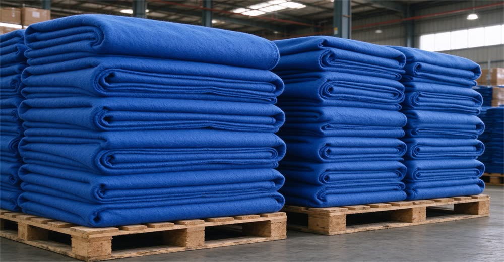 Wide warehouse view of neatly folded blue wool emergency blankets stacked on wooden pallets, showing wholesale refugee blankets for NGO aid and disaster relief distribution programs